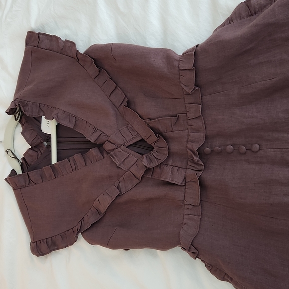 Joslin Studio Kayla Linen Jumpsuit Romper Small Medium Chocolate Brown Ruffle - Picture 6 of 7